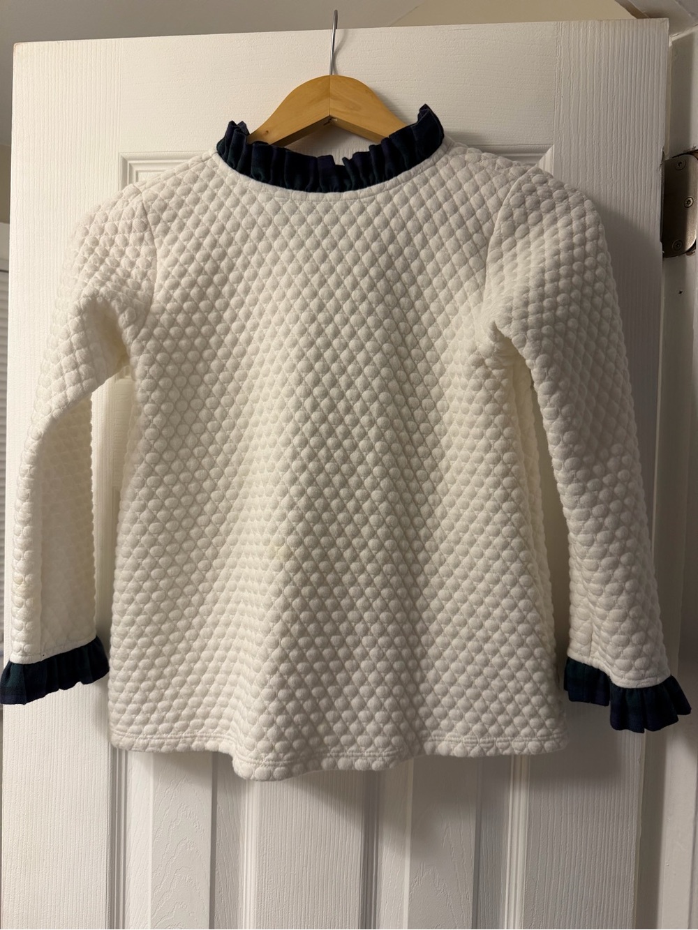 bella bliss Cream Quilted Long-Sleeve Top with Navy Ruffle Trim